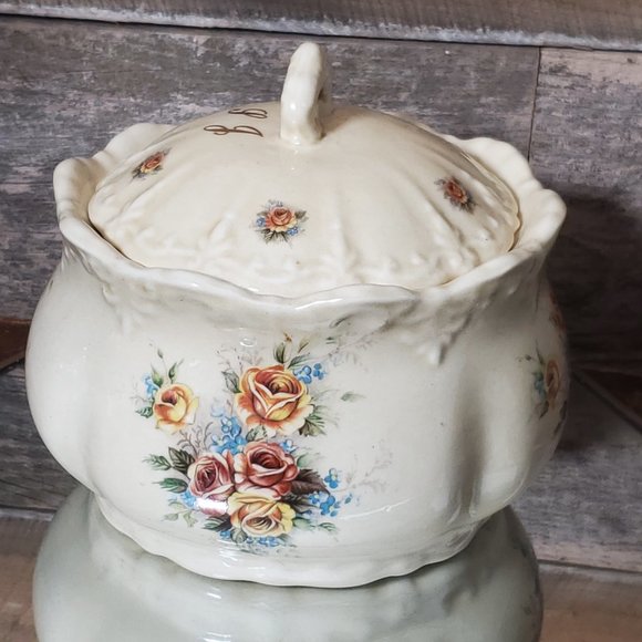 Ratauds, Covered Vegetable Serving Dish - 1960's England - Vanilla White w/ Ros - Picture 6 of 9